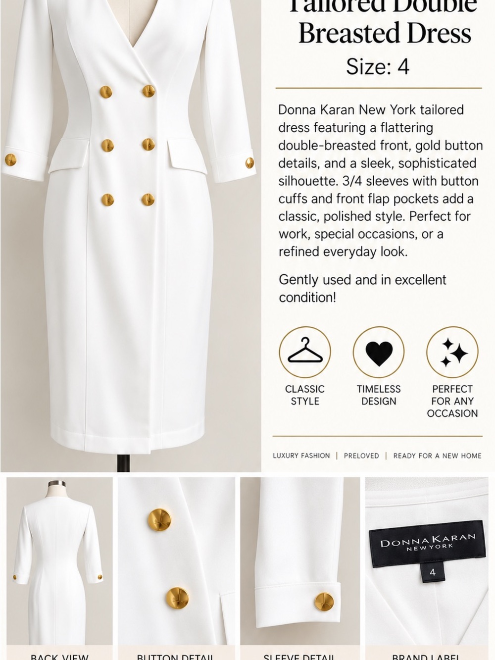 Donna Karan White Double-Breasted Dress with Gold Buttons